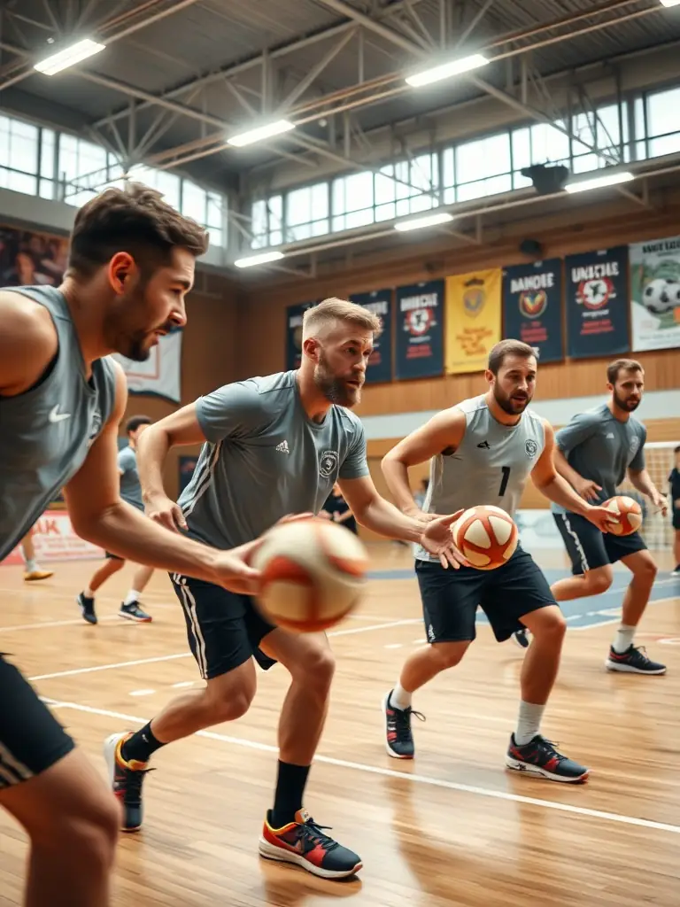 A photo of advanced handball players in a high-intensity training session, demonstrating advanced techniques and tactical strategies, under the guidance of professional coaches.