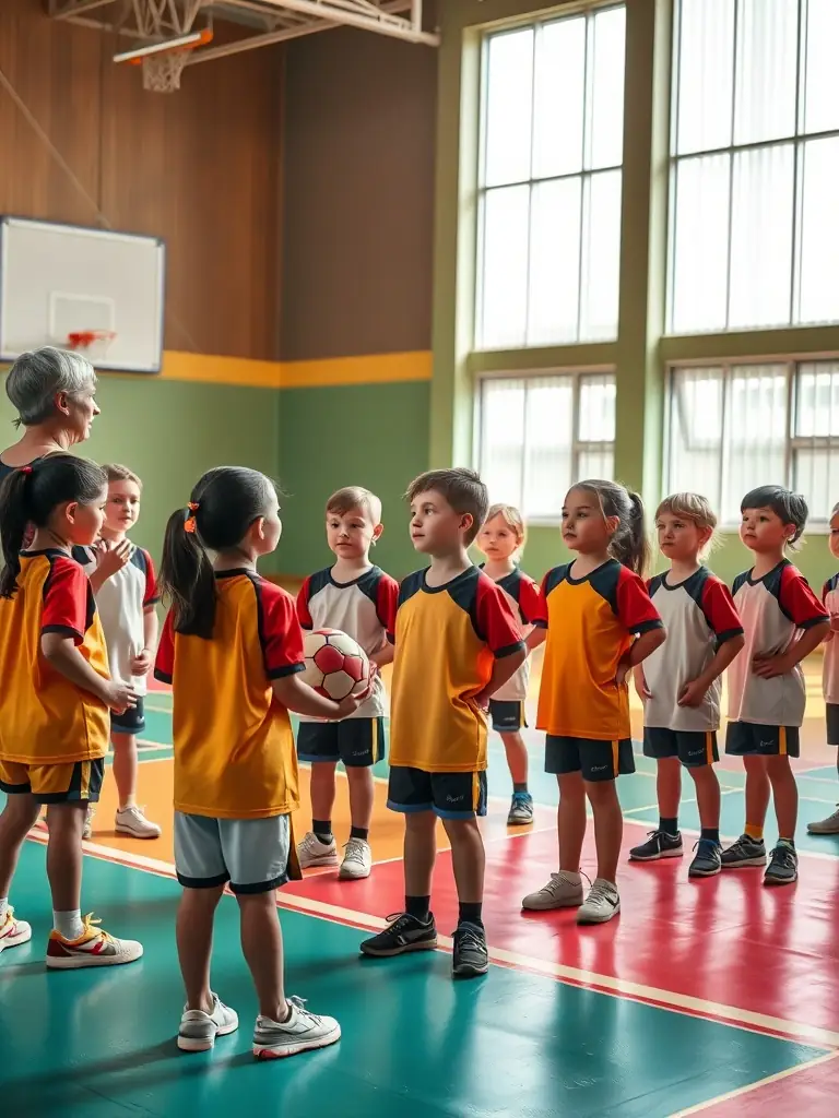A group of young participants engaged in a youth clinic, learning handball techniques from experienced coaches, emphasizing skill development and mentorship.