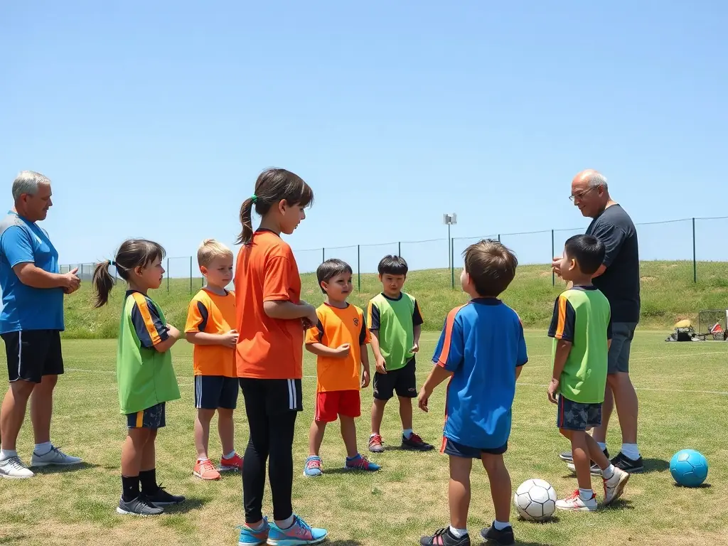An image of young children participating in a handball workshop, guided by coaches and volunteers, emphasizing the youth engagement initiatives.