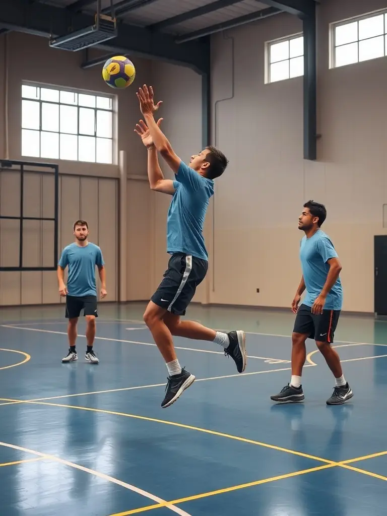 A dynamic image of handball players in action during a training session at HBCO HANDBALL CLUB OBJAT CORREZE, showcasing their agility and teamwork.