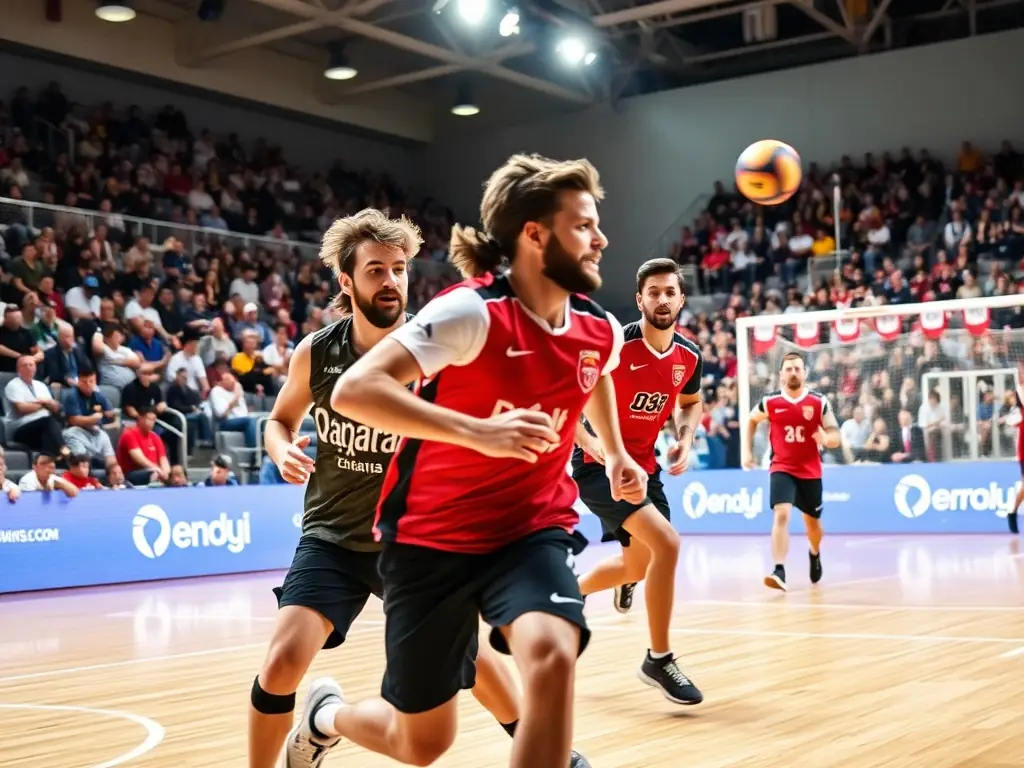 A lively image of players competing in a local handball tournament, cheering and celebrating together, highlighting the community handball competitions.