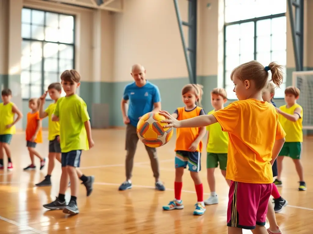 An image of young players practicing handball drills on the court, with coaches providing guidance and encouragement, showcasing the handball training programs.
