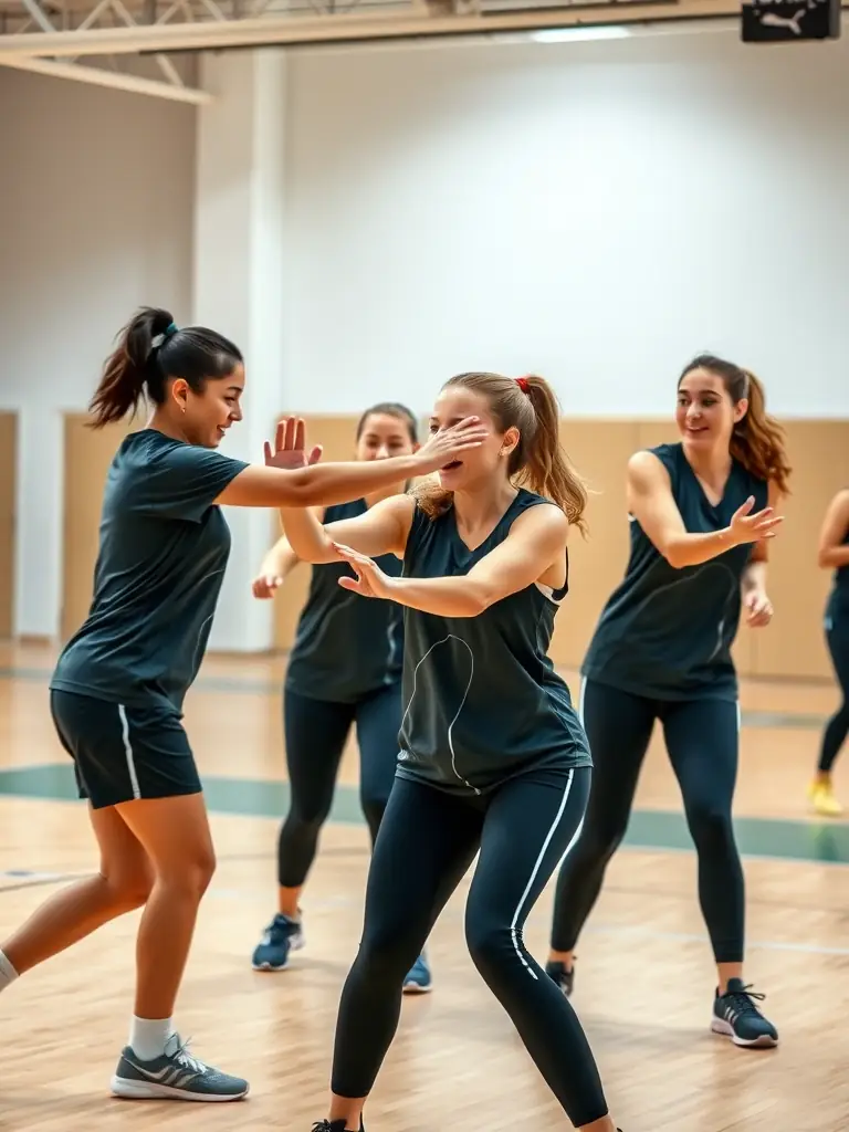 A group of young handball players participating in a training session, focusing on passing techniques, set in a well-lit indoor court with the HBCO logo visible in the background.