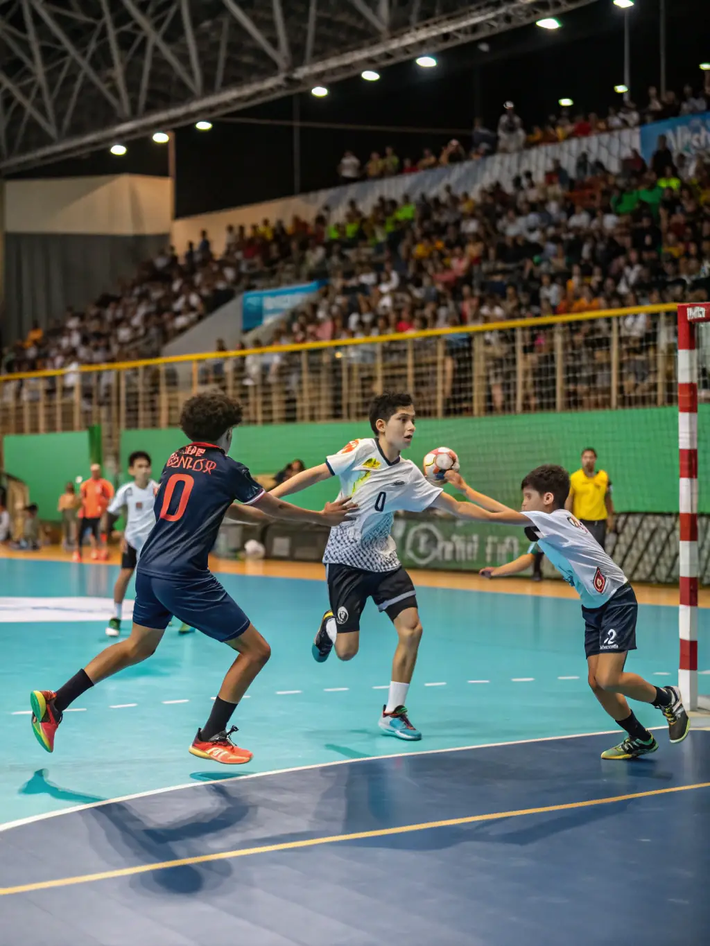 A vibrant image of a community handball competition organized by HBCO HANDBALL CLUB OBJAT CORREZE, capturing the excitement and energy of the event.